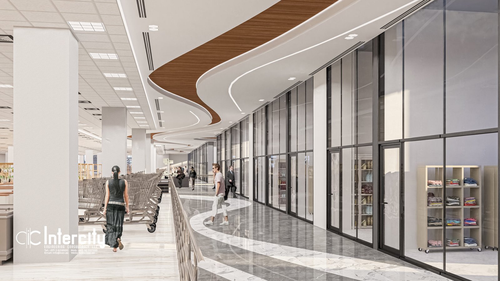 Evening exterior rendering of the mall with facade lighting