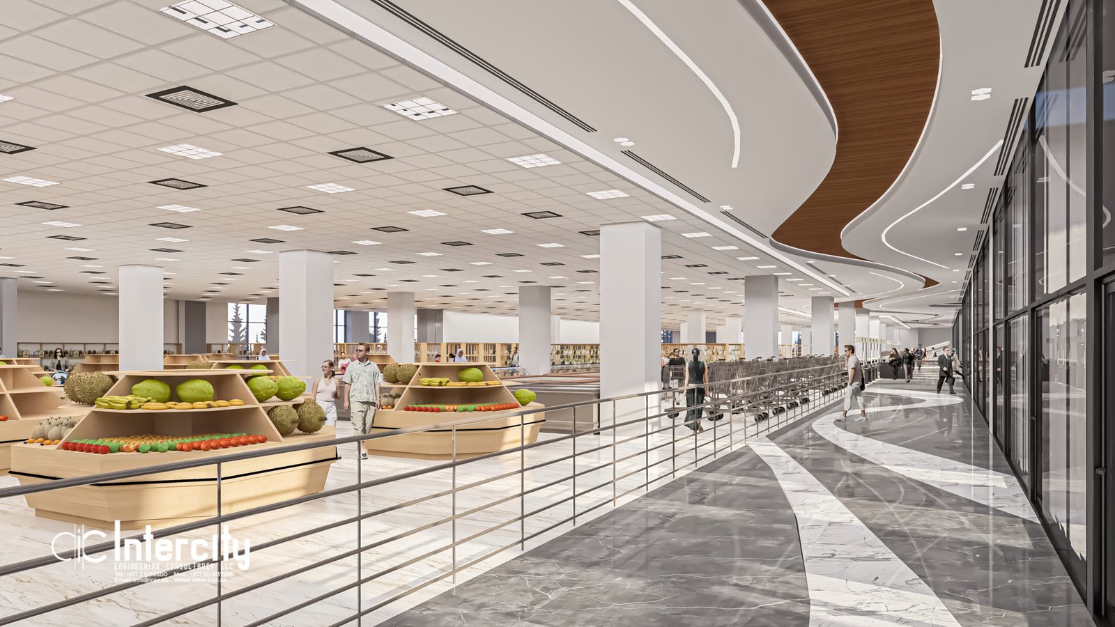 Interior lounge area rendering at night with ambient lighting